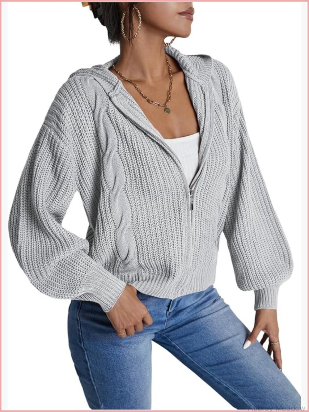 Zip Up Hooded Cardigan Long Sleeve Drop Shoulder Knit Sweater Fall Outerwear